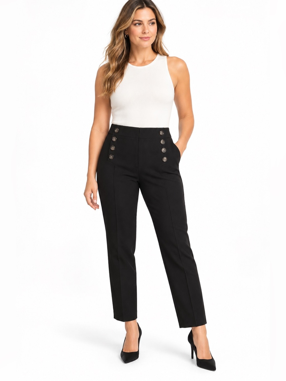 Ann Taylor Pants Womens 2 Black Sailor Button High Rise Straight Leg Trouser